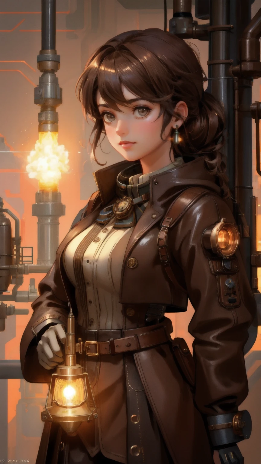 A cute, steampunk-inspired girl character operating a complex GM Generator in a brown-toned environment. The generator is emitting floating 'GM' letters that fill the air, creating a sense of energy and innovation. The background is a warm brown, enhancing the mechanical and industrial details of the scene, while the girl's outfit and surroundings blend seamlessly with the vintage, retro-futuristic aesthetic."