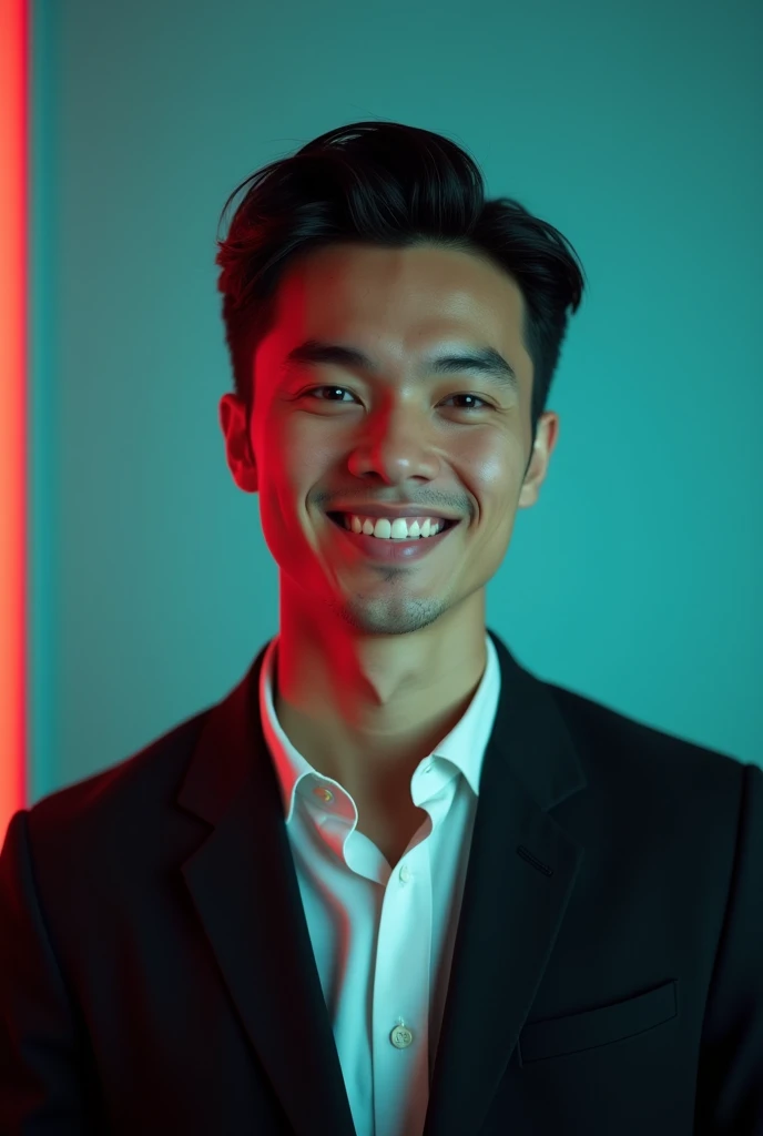A young man with dark hair and a confident smile. He is dressed in a black blazer over a white shirt. The man is positioned against aqua colour backdrop with a subtle red lighting on the left side. and he posing for Linkedin profile