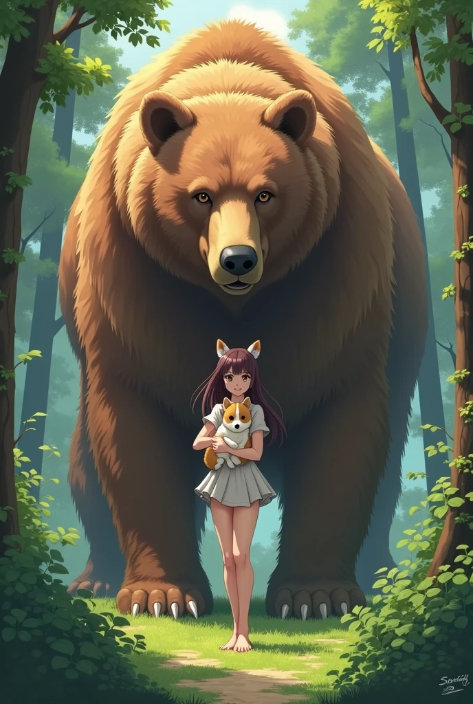 a giant brown bear protects a beautiful and sexy anime woman in the woods. The woman is holding a small corgi dog. 