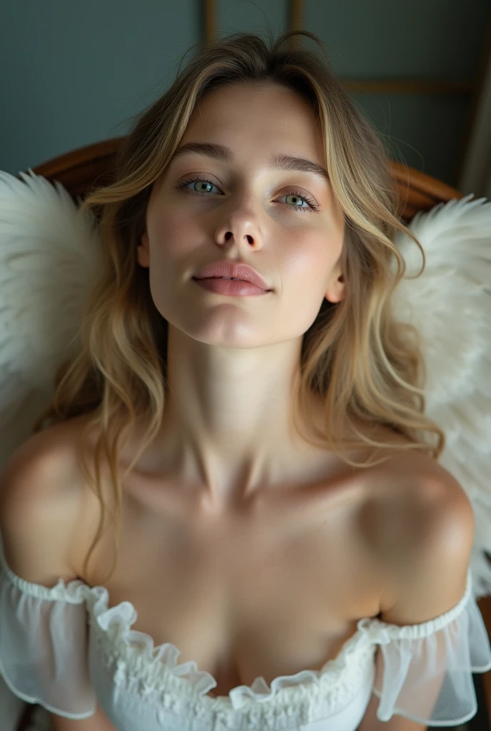 Full body closeup, Face front and tilted upwards, young woman, sitting in chair angelic, tender, innocent, female, beautiful and delicate, the face is front and tilted as if wanting to look up, dark blonde hair, White skin, open eyes, expression of peace and happiness, very saturated colors, front face