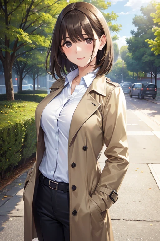 anegasaki nene、Shiny brown hair, short hair, (Beautiful brown eyes、Sparkling eyes, Fine grain)、smile、Super detailedな目、Highly detailed face, Highly detailed eyes,Cowboy Shot,
((masterpiece,Highest quality:1.3,Best illustrations,Realistic)),Beautiful woman, Super detailed, 8k, masterpiece, One beautiful woman, Medium Hair, mature, Business shirts, trench coat, Long trousers, noon, nature, bright