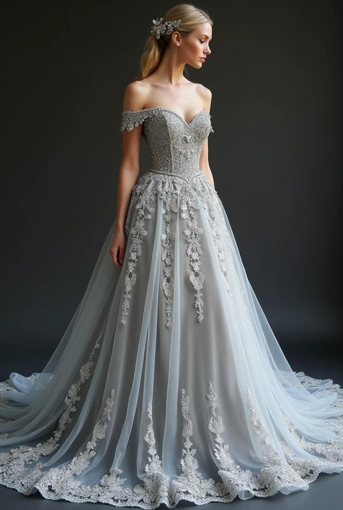 Make a long silver princess-style dress with lots of sparkle.