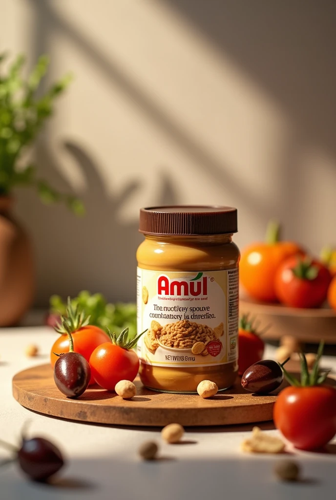 A beautifully styled image featuring a classic literary quote about food ‘There is no sincerer love than the love of food.’, with Amul Peanut Spread presented elegantly alongside fresh ingredients