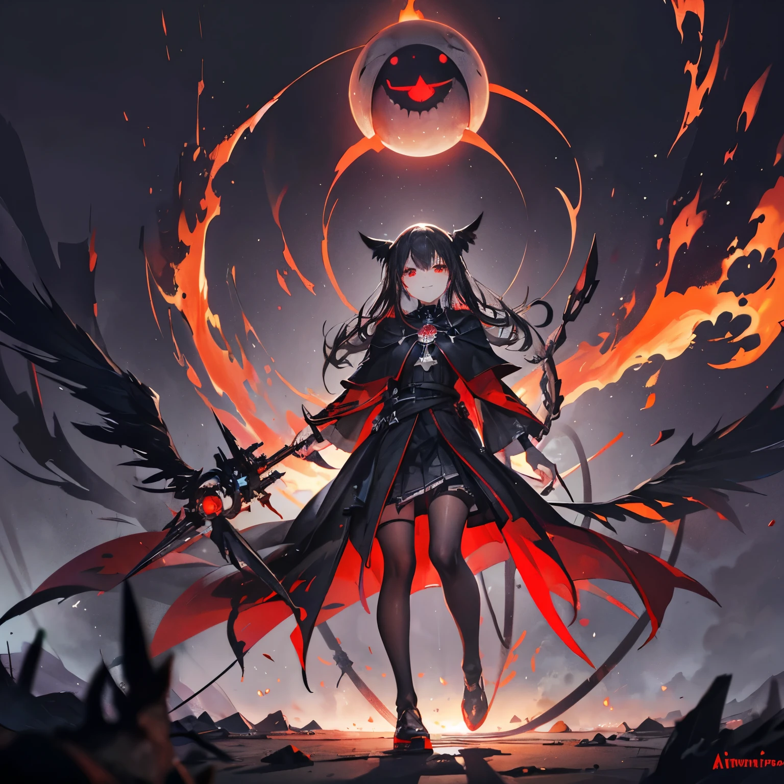 (((((execution)))))　((((witch))))　(((wand of flame　grimoire)))　((Black Hair　witchの帽子　Red eyes　smile　Looking down))　((explosion　fire))　(Magic Robe　Black Hole　despair　tears)　incantation　Runes　Shining Background　Shining Edge Art Station, White Background, 長いBlack Hair、Black Hairロング、Standing in the Wilderness,whole body、Equipped with Crow Gauntlets、triumphant smile、Small breasts、, As if smoke and shadows were given shape, Wings made from giant crows, Dancing crow feathers, Many glowing red eyes, Black Gauntlet、Shadow Claw, Supernatural Lightning and Fire, ((black sun)), 8K high resolution, Trend Art Station、Black color, whole body,raven feather skirt、A whirlpool of countless red-eyed crows、Black Hole,((Long black hair)),Long black hair、Atomic bomb, Or a nuclear bomb, それは大きな破壊力を持つexplosion兵器である, A large amount of energy is released、. The bomb works through the nuclear process of atomic fission.。, A large amount of energy can be released from a small amount of matter.. Aegis Ore Shield  Nightmare Creation is ready to act. The aberrant weapon bears the visage of madness and utter insanity., As if they were a living extension of the chaos that inhabited the dungeon.. Your eyes shine with a disturbing intensity.