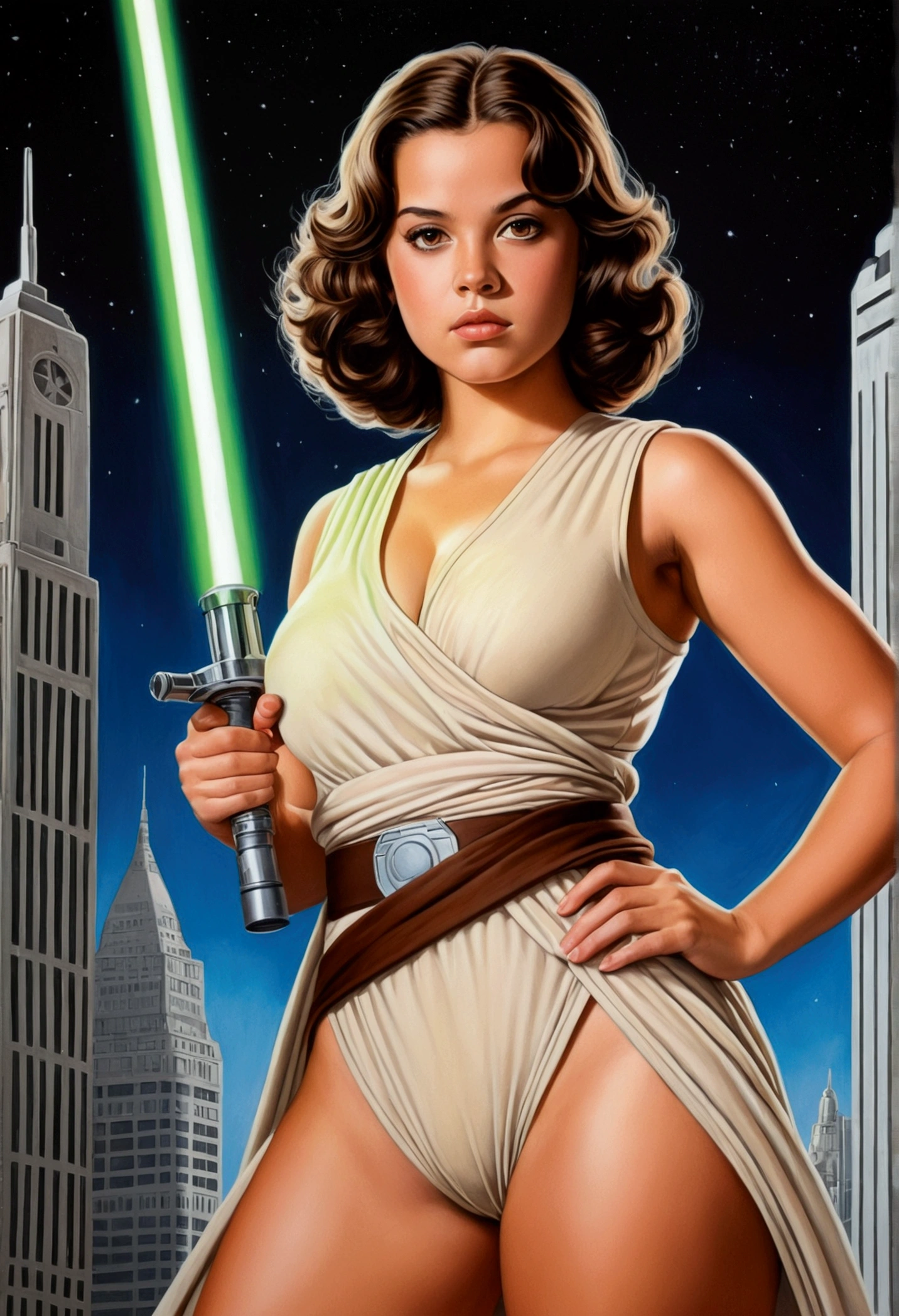 An illustrated movie poster, hand-drawn, full color, a age Jedi, 18-years-old, female, wearing a Sleeveless tunic, athletic hourglass figure, busty bosoms, full wide hips, massive round butt, long shapely legs, ridiculously thick powerful thighs, amber eyes, dark hair, curly bob cut, tan complexion, resembles Mary Elizabeth Winstead, standing above Coruscant, graphite shading, stencil marks, airbrushed acrylic paint, masterpiece