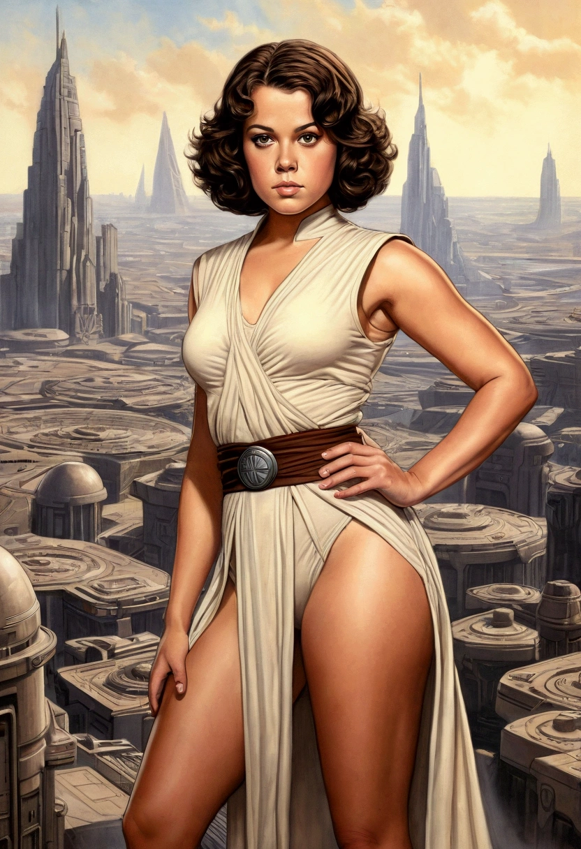 An illustrated movie poster, hand-drawn, full color, a teenage Jedi, 18-years-old, female, wearing a Sleeveless tunic, athletic hourglass figure, busty bosoms, full wide hips, massive round butt, long shapely legs, ridiculously thick powerful thighs, amber eyes, dark hair, curly bob cut, tan complexion, resembles Mary Elizabeth Winstead, standing above Coruscant, graphite shading, stencil marks, airbrushed acrylic paint, masterpiece