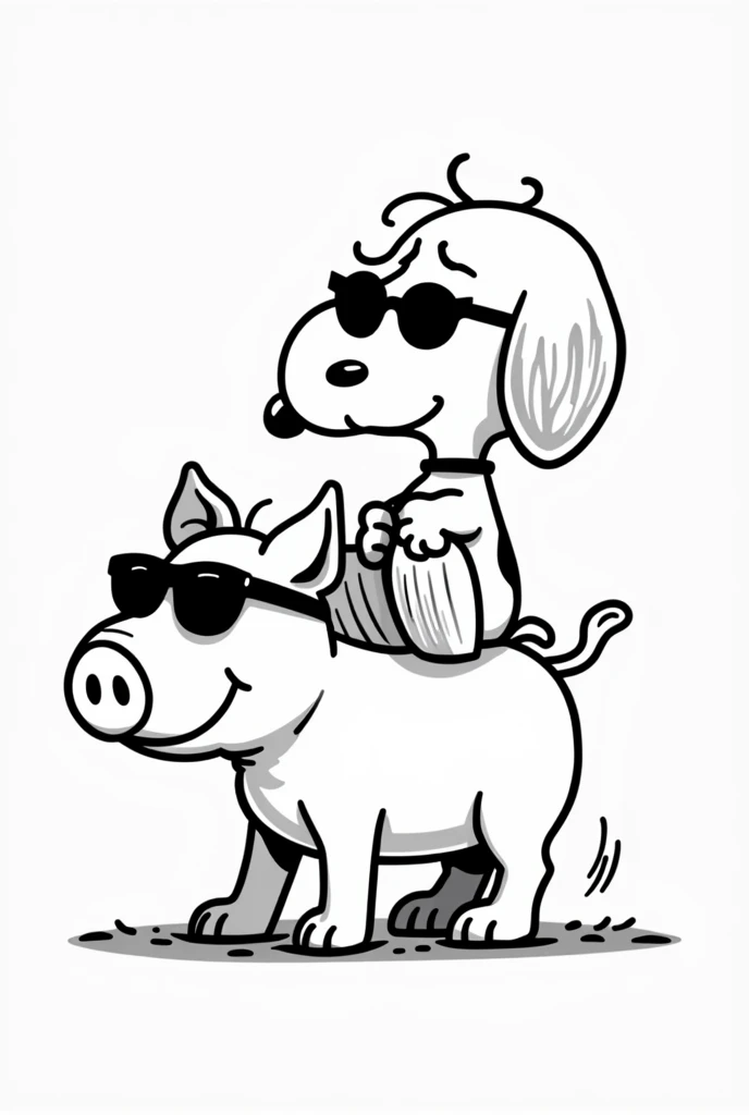 Snoopy riding a pig wearing sunglasses black and white cool