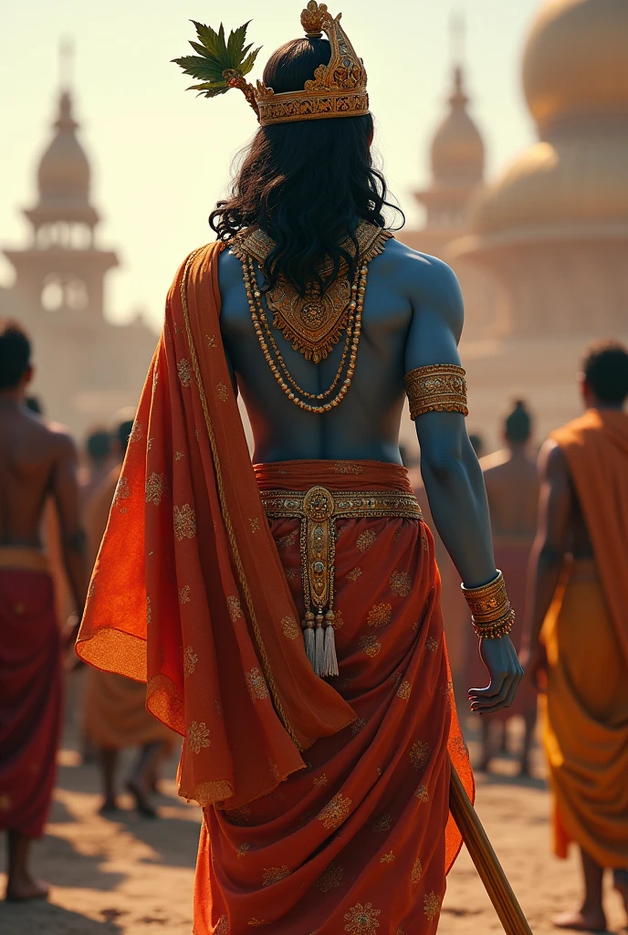 The depiction of Lord Krishna's back view in Dwarka typically portrays him in a serene and dignified posture, reflecting his divine and regal nature. In these representations, Krishna is often shown with his back facing the viewer, highlighting his intricate and elegant attire. His garments might be richly adorned with patterns and jewel-like embellishments, indicative of his status as a king. The backdrop of Dwarka, with its architectural splendor, serves as a testament to his royal heritage. This perspective emphasizes his divine presence and the reverence he commands, inviting devotees to meditate on his divine attributes and the glory of his kingdom.realistic with full yadav public around all kings around with full of ornaments beautiful structure 
