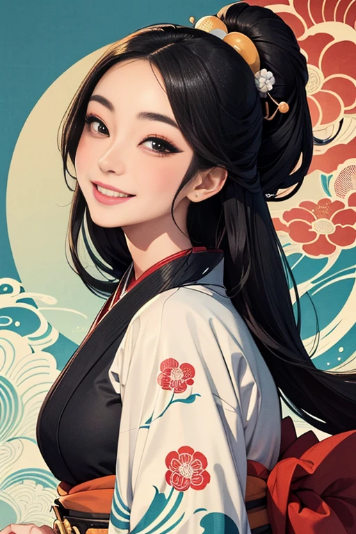 A beautiful woman smiles and shows her upper white teeth、Vividly colored Japanese Ukiyo-e style illustrations、(SeaArt creates stunning illustrations of beautiful women in kimono)、Brown-black long hair、Beautiful full body style、Let&#39;s dance a little Tokyo Ondo Yoiyoi、Beautiful digital painting,、Bright vibrant digital anime art、 Detailed digital anime art、 Beautiful anime portraits、background、Torii gate of a shrine in Kyoto, Japan、Detailed CG、