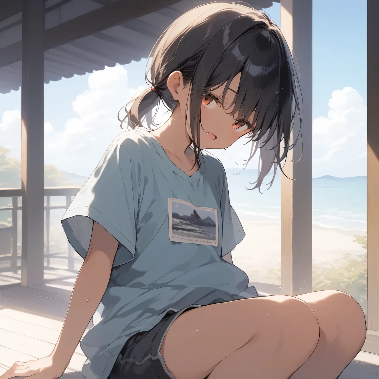 score_9, score_8_up, score_7_up, source_anime, best quality, masterpiece, official art, absurdres, highres, ultra-detailed,waifu2x,Collection: Slice of Life,break,1girl, tomboy, dark-skinned female, short hair, low ponytail, flat chest, beautiful detailed eyes, shorts, sweat, open mouth, (yawn:0.3), sleepily, outdoors, wind, (Detailed Lighting), (Detailed background),break,(clear line illustration:1.2), super detailed skin,very high resolution, very aesthetic, Best sexual lighting powered by famous artist, 8k, 16k, cute picture,beauty illustration,photoshop_(medium),,(Detailed Lighting),best anime 8k konachan wallpaper, pixiv contest winner, 