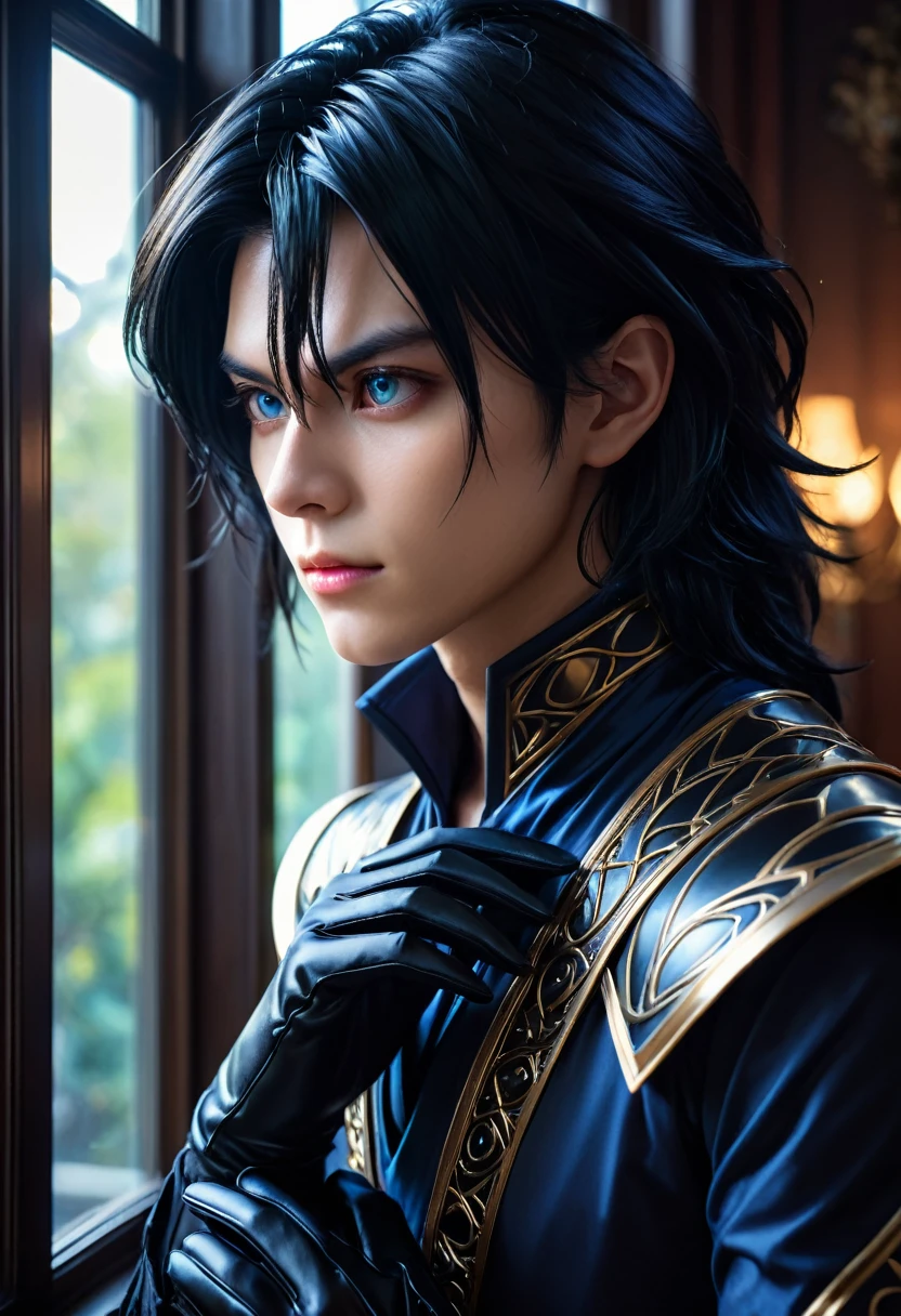 handsome man, 30 years, young, without mustache and beard, attractive, jet black shoulder length hair, dark magician, a sly, attentive look, mesmerizing eyes, To profile, puts on gloves, looking out the window, dissatisfied, frowning, stately, strong, dark aura, near the window, in the office in the mansion, unearthly beauty, fantasy, European appearance, beautiful facial features, digital art, bright light, complex parts, Focus on the face, Exquisite, sharpness, depth, professional photo, cgi, diffuse reflection, full hd wallpaper, epic, 64k, f/16, 1/300s, s750, HDR, ultrahd, 50mm lens