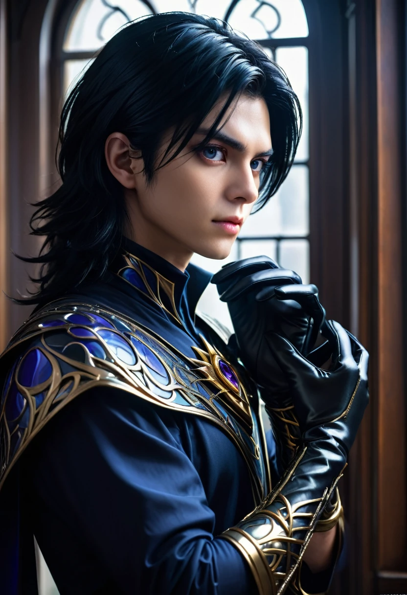 handsome man, 30 years, young, without mustache and beard, attractive, jet black shoulder length hair, dark magician, a sly, attentive look, mesmerizing eyes, To profile, puts on gloves, looking out the window, dissatisfied, frowning, stately, strong, dark aura, near the window, in the office in the mansion, unearthly beauty, fantasy, European appearance, beautiful facial features, digital art, bright light, complex parts, Focus on the face, Exquisite, sharpness, depth, professional photo, cgi, diffuse reflection, full hd wallpaper, epic, 64k, f/16, 1/300s, s750, HDR, ultrahd, 50mm lens