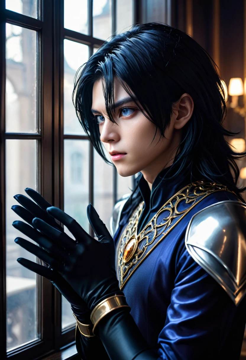 handsome man, 30 years, young, without mustache and beard, attractive, jet black shoulder length hair, dark magician, a sly, attentive look, mesmerizing eyes, To profile, puts on gloves, looking out the window, dissatisfied, frowning, stately, strong, dark aura, near the window, in the office in the mansion, unearthly beauty, fantasy, European appearance, beautiful facial features, digital art, bright light, complex parts, Focus on the face, Exquisite, sharpness, depth, professional photo, cgi, diffuse reflection, full hd wallpaper, epic, 64k, f/16, 1/300s, s750, HDR, ultrahd, 50mm lens