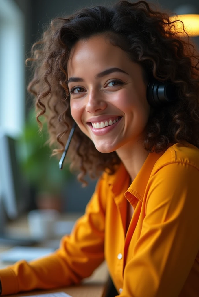 Create a tight side shot of a young woman with curly hair working in a call center. She is smiling as she focuses on her computer screen. She wears an orange-yellow shirt, and the dynamic lighting casts light shadows across her face, emphasizing her features. The background should be softly blurred to keep the attention on her face and the warmth of the scene