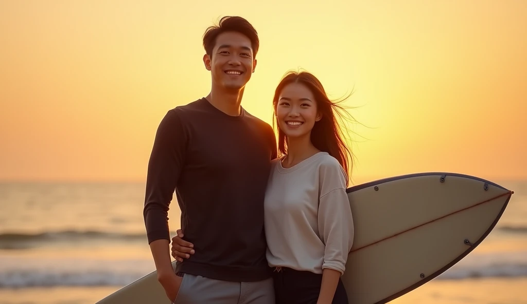 create A man and woman, asian face, (((holding board))). has a confident and happy expression on her face, with a slight smile and bright eyes.wearing wearing (((black surfer outfit))), (((modest clothing))), (((long pants))),full body, background golden hour