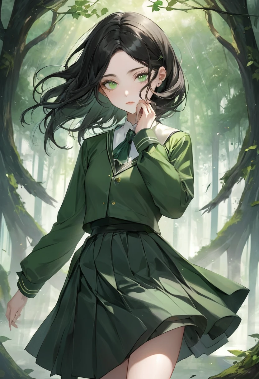 
Cassia Ashford is a 1 girl whose presence is as enigmatic as the whispers that echo through the misty forest surrounding Welldenoury Academy. Her medium-length black hair is often caught in the soft breezes, framing her face with delicate strands that dance around her sharp cheekbones and moonlit pale complexion. Her eyes, a piercing dark green, seem to hold secrets of their own, reflecting the mysteries of the ancient woods she frequently finds herself drawn to. The uniform of the academy, a blend of green and black, clings to her slender frame, accentuating her grace and poise. Despite the rigidity of the school's attire, she manages to make it look as if it were tailored for her, a silent rebellion against the constraints of her environment. Her posture is that of a dancer, a poise that suggests she could pirouette through the corridors if she so chose. Yet, it is her eyes that truly capture the essence of her spirit—they are a window to the boundless curiosity and fearlessness that defines her.