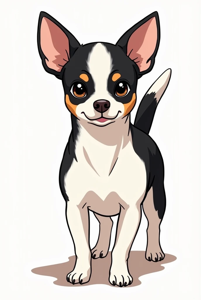 Chihuahua with black and white face, white body, black sides of belly, black buttocks, manga style, walking LINE stamp style, short legs