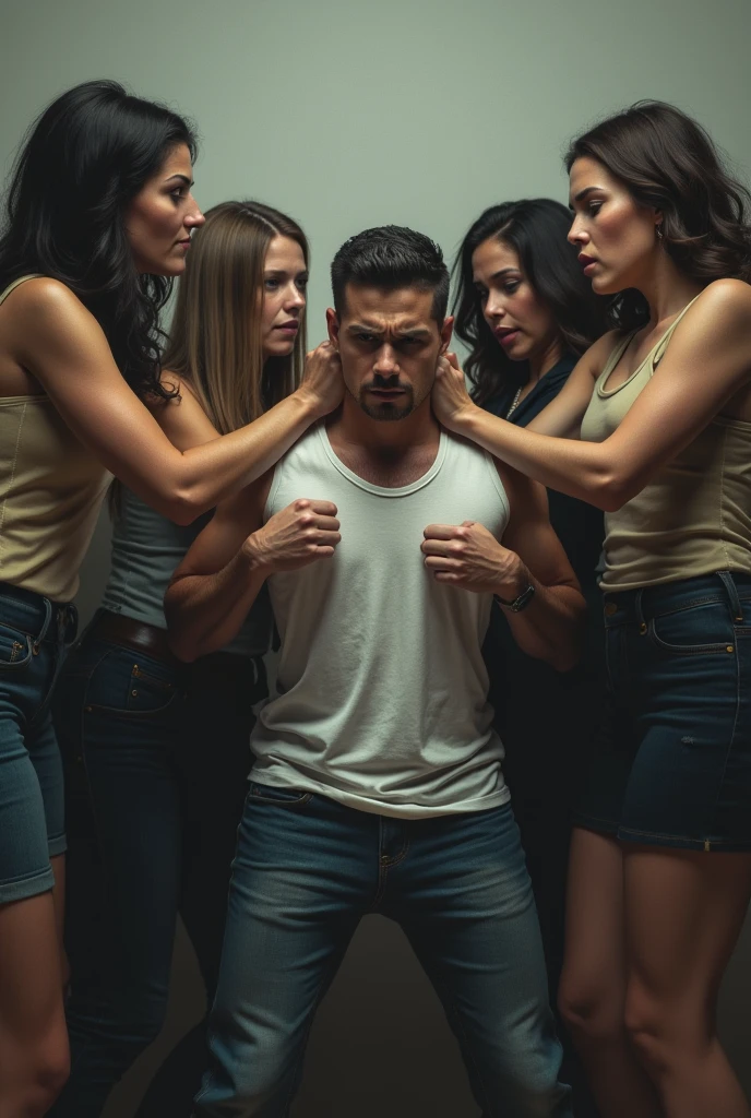 5 women and 1 man , bullying the man