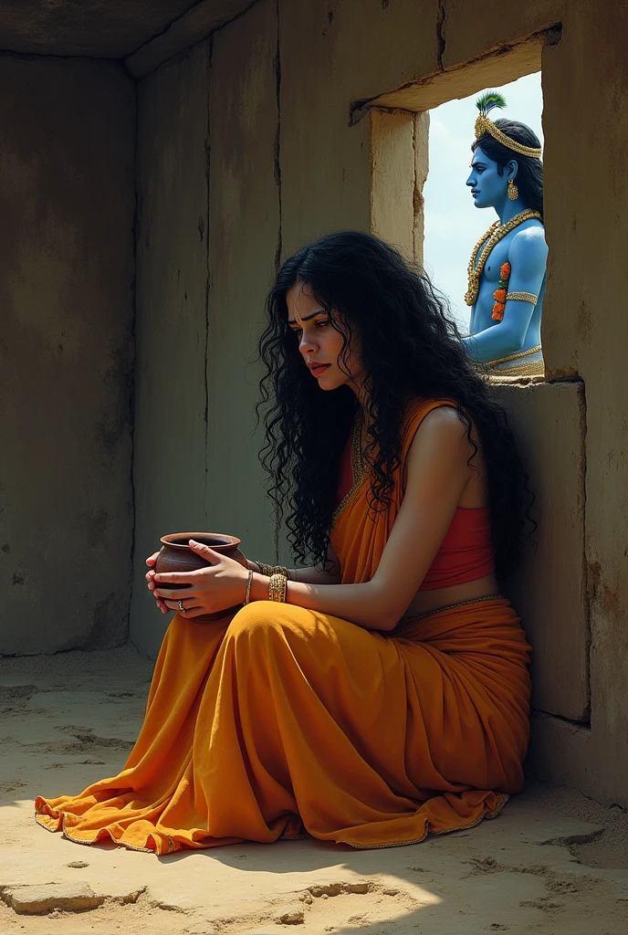 Sad young woman majestic draupadi dressed a full covered saree dressed with long open curlly hair filled with tear in eye sitting with a empty pot inside her hut. Make the hit clean with small open window. Lord krishna dressed like calm king with peacock feature in head with crown blue colour skin watching drupadi by standing through window inside her hut.