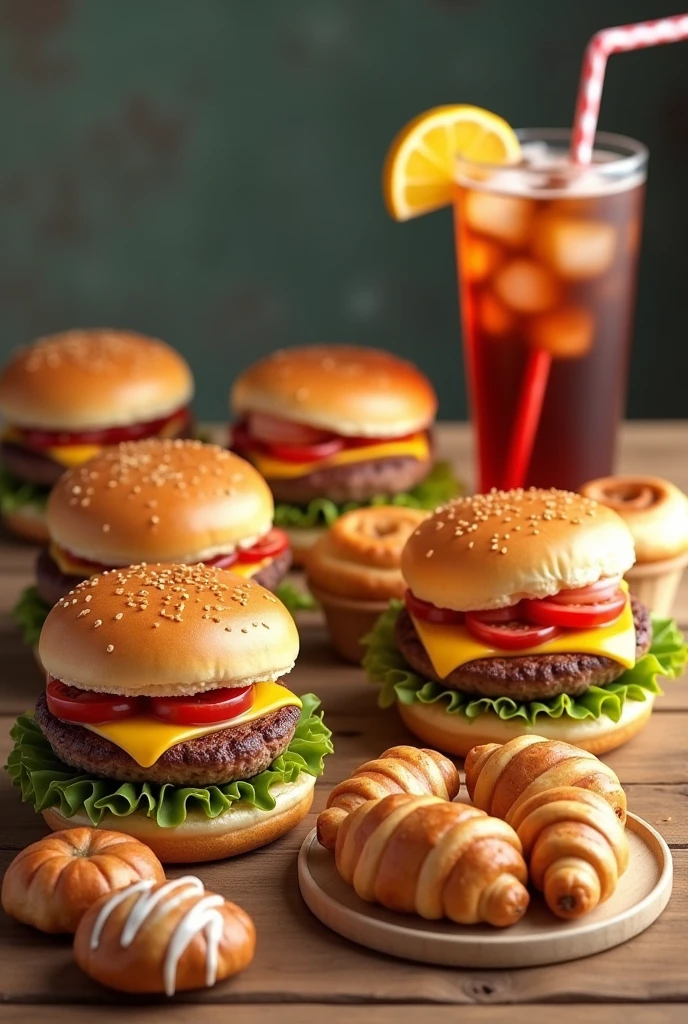 4 hamburgers and 4 pastries on a table with a soft drink