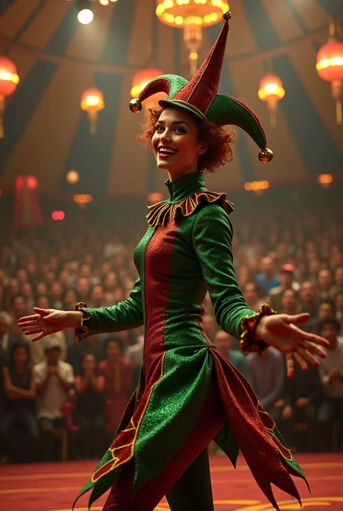 A SEXY FEMALE JESTER WEARING HER ICONIC GREEN AND RED JESTER OUTFIT AND HAT AT THE CIRCUS CAPTIVATING THE LARGE AUDIENCE INSIDE THE MAIN TENT.INCREDIBLEY DETAILED AND TEXTURED IN FULL 8K HD RESOLUTION
