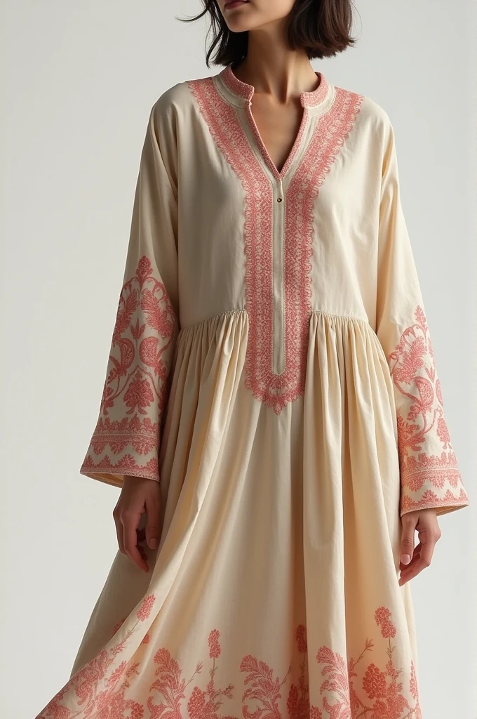 I have a white kashmiri shawl with thin red embroidery. I wish to upcycle the shawl into a dress. Can you generate images of long kurti, short tunics with peplum cut and maxi dress designs for this shawl ?