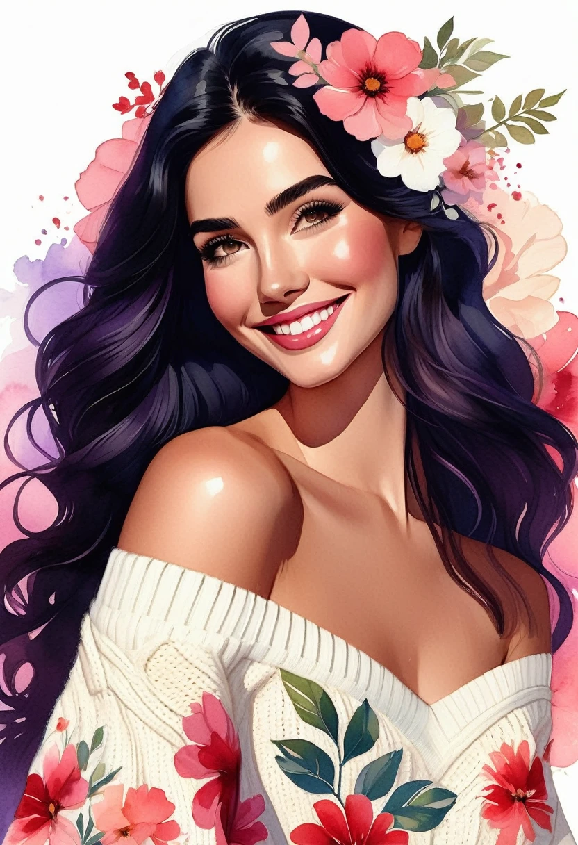 Watercolor-style digital illustration featuring a young woman with long, wavy black hair adorned with a large white flower on the left side. She has fair skin, large, expressive eyes, and a subtle smile. She is wearing a white off-the-shoulder sweater with long sleeves and a high-waisted skirt with a vibrant floral pattern in shades of red, pink, and purple. The background is simple white, emphasizing the subject. The overall style is detailed and realistic, with a focus on the flowing hair and the intricate floral design of the skirt.