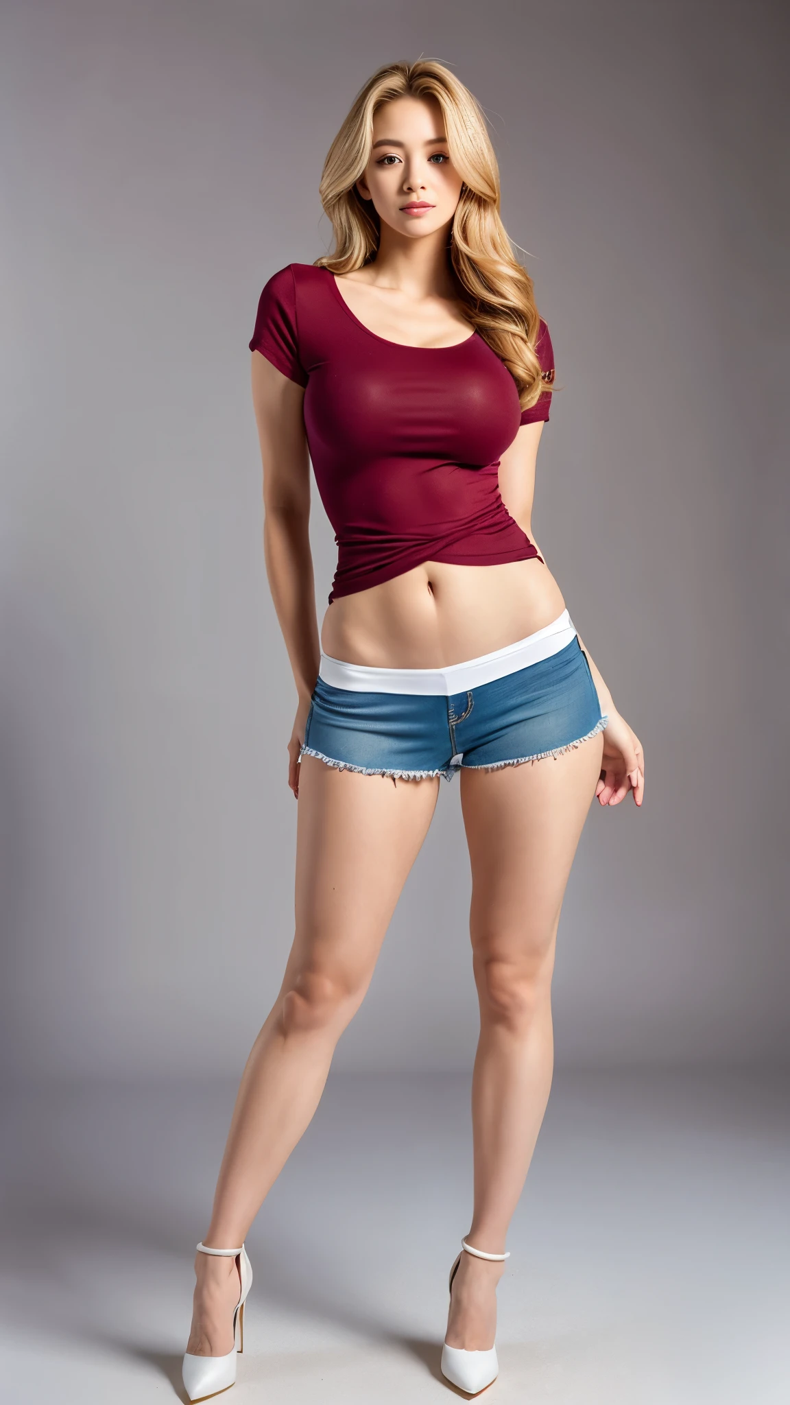 A sexy korean woman, long flowy blonde hair, glossy lips, plump body, long legs, heavy breasts, giant breasts, huge breasts, massive breasts, juicy breasts, succulent breasts, enormous breasts, braless, wearing a casual jersey shirt with blazer and navy legging, high heels, stilettos, full body, standing on the floor, detailed body, at photo studio, white backdrop, dynamic light, 8K, masterpiece, ultra detailed, professional studio lighting.