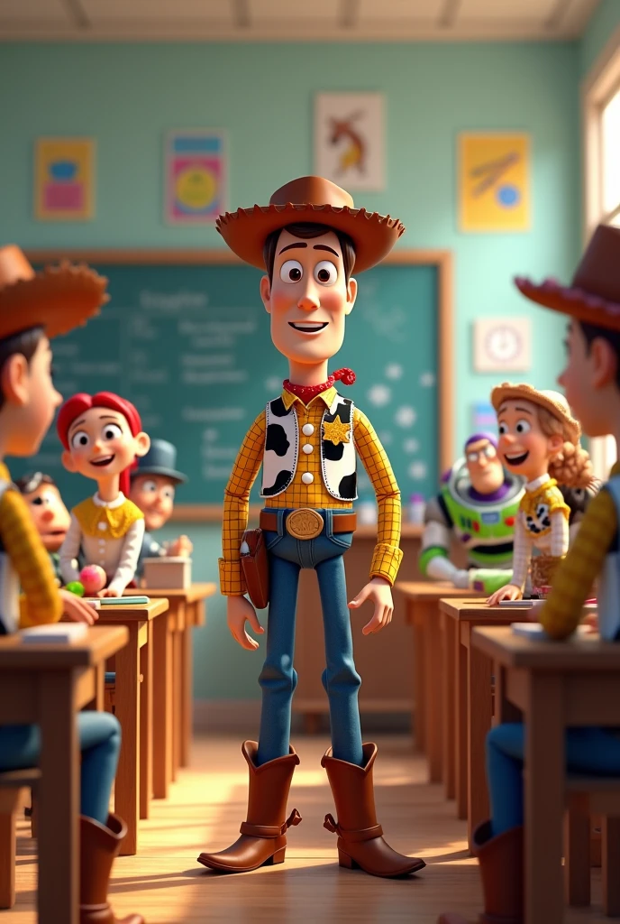 generates an image of a banner with a toy story theme, wody dressed as a teacher, the other characters in a classroom, 