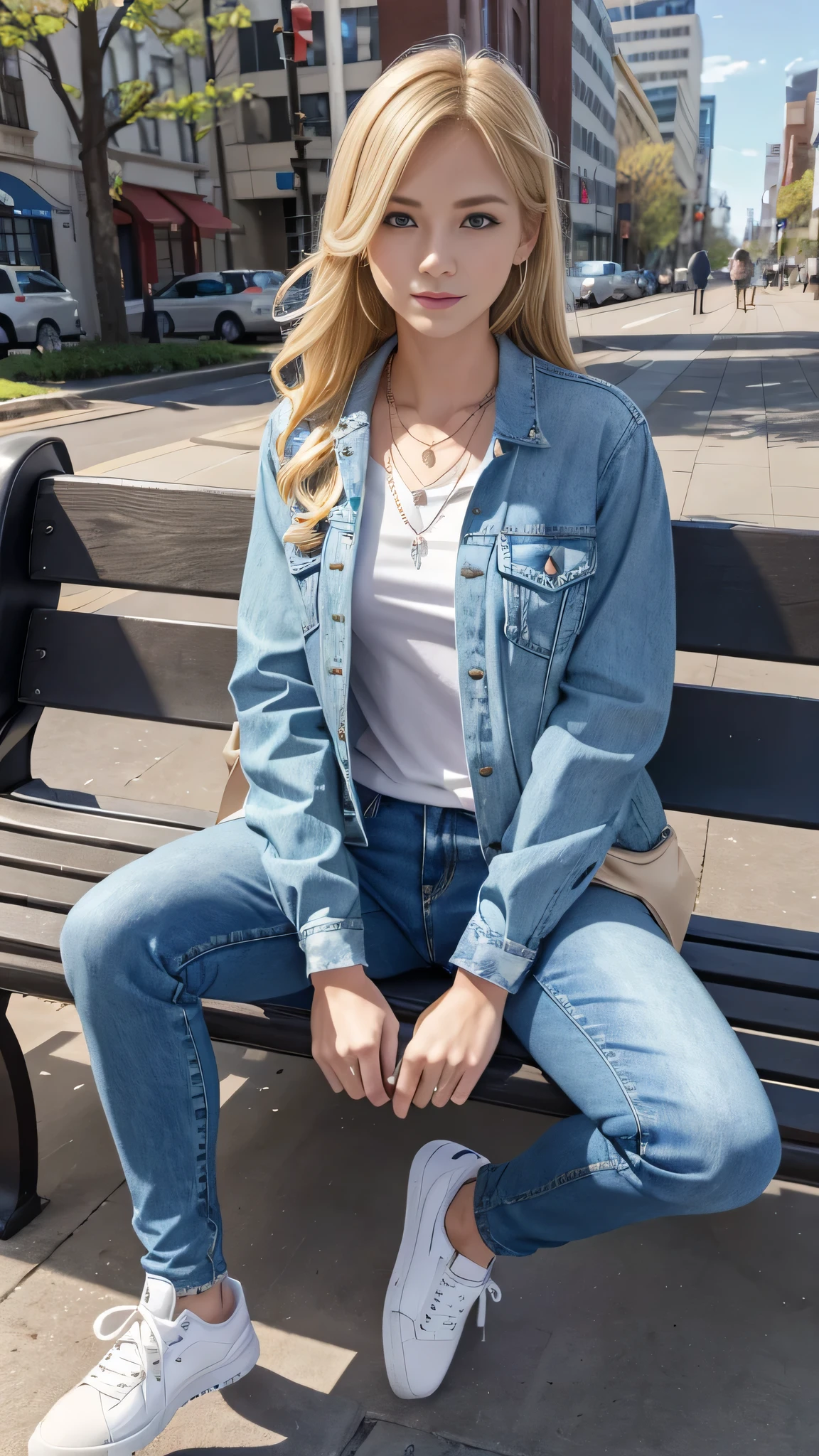 Super Resolution、Neat and clean Caucasian woman、Full body photo、sitting on a park bench、Blonde Hair、ウェーブのかかった髪、Blue eyes、Mouth slightly open、Ear piercing、、necklace、Denim jacket、shirt、Skinny jeans、sneakers、