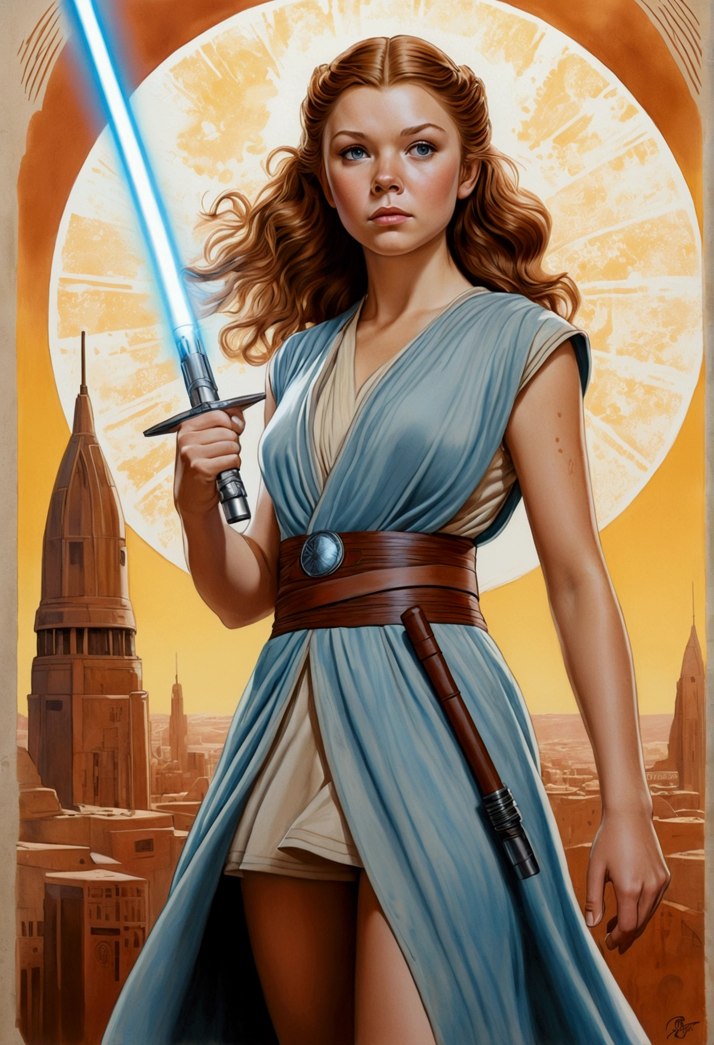 An illustrated movie poster, hand-drawn, full color, a teenage Jedi, 18-years-old, female, wearing a Sleeveless tunic, athletic hourglass figure, busty bosoms, full wide hips, massive round butt, long shapely legs, ridiculously thick powerful thighs, pale blue eyes, mousy brown hair, thick shaggy bangs, rosy sun-kissed complexion, freckles, resembles Margaery Tyrell, standing above Coruscant, graphite shading, stencil marks, airbrushed acrylic paint, masterpiece, in the style of Drew Struzan