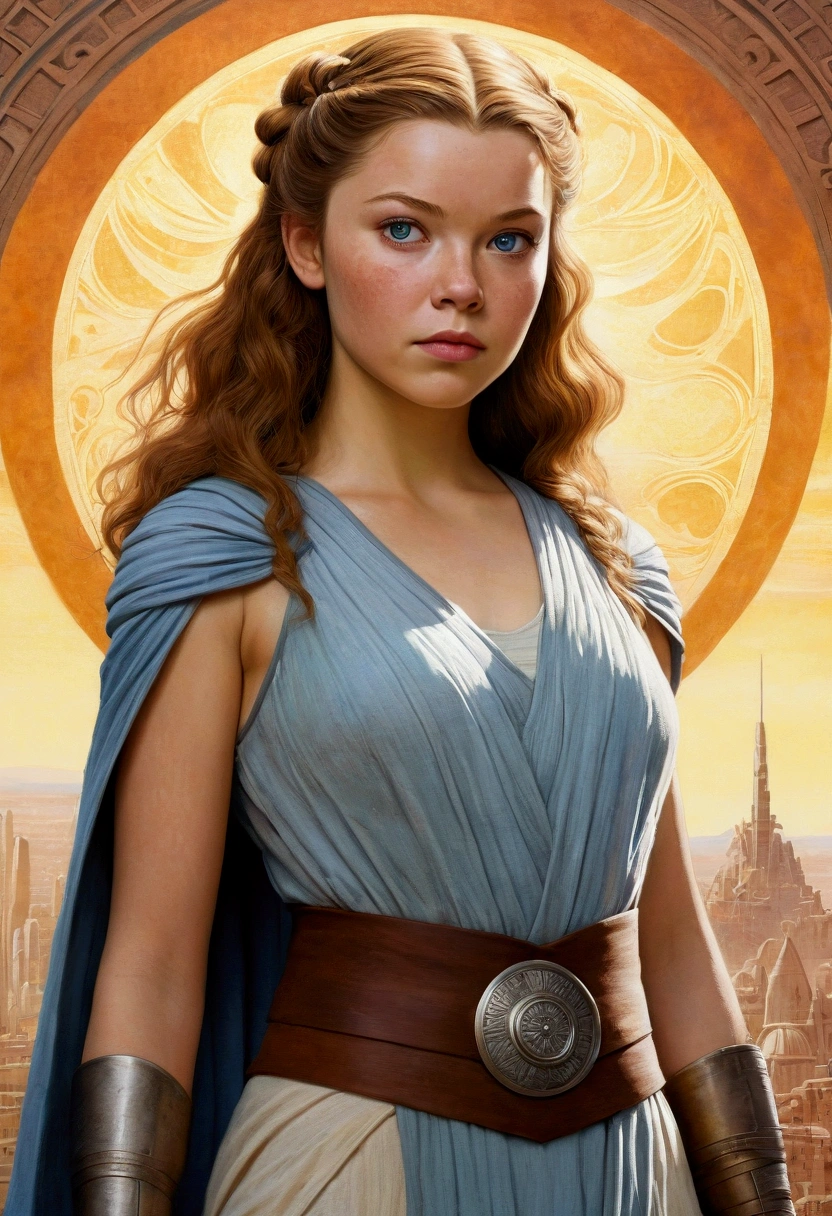 An illustrated movie poster, hand-drawn, full color, a teenage Jedi, 18-years-old, female, wearing a Sleeveless tunic, athletic hourglass figure, busty bosoms, full wide hips, massive round butt, long shapely legs, ridiculously thick powerful thighs, pale blue eyes, mousy brown hair, thick shaggy bangs, rosy sun-kissed complexion, freckles, resembles Margaery Tyrell, standing above Coruscant, graphite shading, stencil marks, airbrushed acrylic paint, masterpiece, in the style of Drew Struzan 