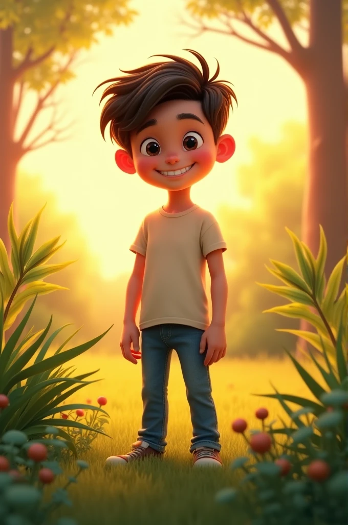 1 boy standing. He is of medium height and has fair skin. His hair is thick and black, which falls over his forehead. He is wearing a simple t-shirt and jeans. The boy had a glint of confidence in his eyes and a soft smile on his face. He is standing in an open area, surrounded by green grass and some plants. The gentle light of the sunset in the sky behind illuminates the whole scene in warm colors