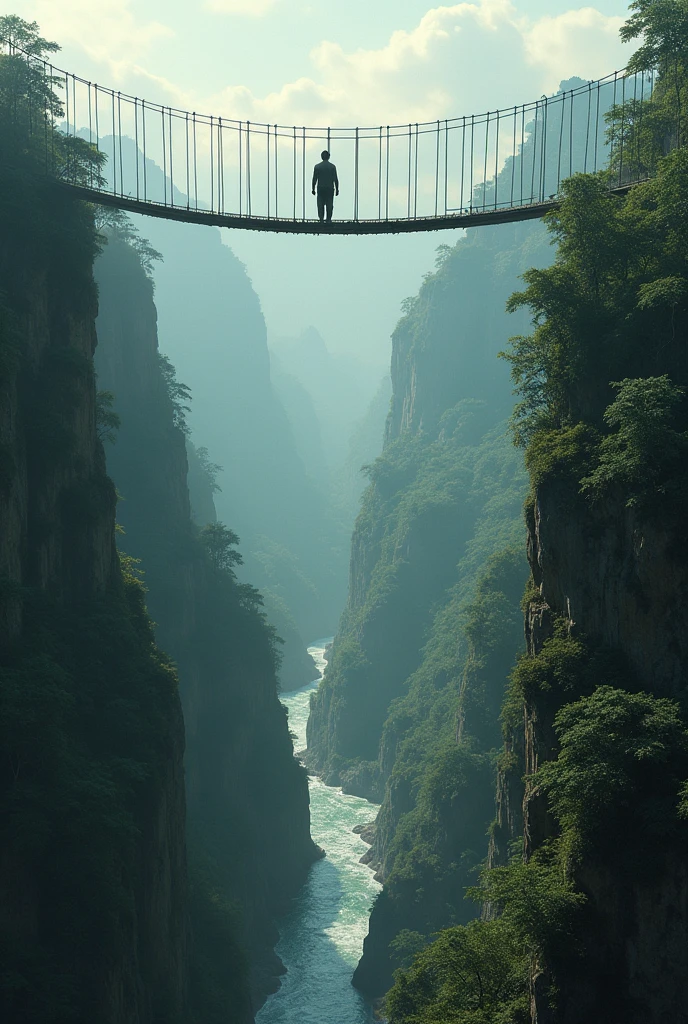 Human, man, crosses the bridge from a bad city where there is chaos and injustice to a green and prosperous city where there is prosperity. The bridge is suspended and dangerous.. There is a chasm under the bridge