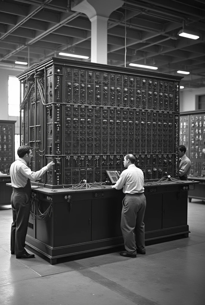 World "A vintage, black-and-white image of a massive room-sized computer from the 1940s. The computer is the ENIAC, filled with numerous cables, dials, and flashing lights. Engineers are seen working on it, giving a sense of scale and complexity."