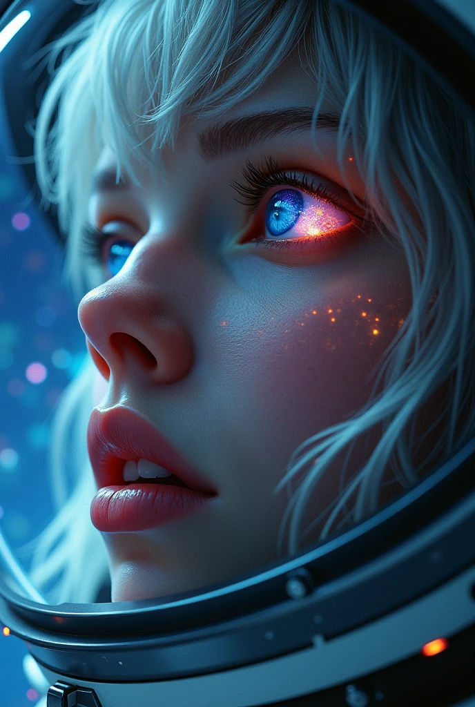 (Close-up of a better masterpiece:1.5)0.9], (Space and astronauts:1.2) (Messy silver hair:1.1) (Heterochromia xanthochromia and blue eyes:1.2) (Space Helmet:1.0) (Colored stars in the eyes:1.0) (A radiant glow:1.1) (thick lips:0.9)