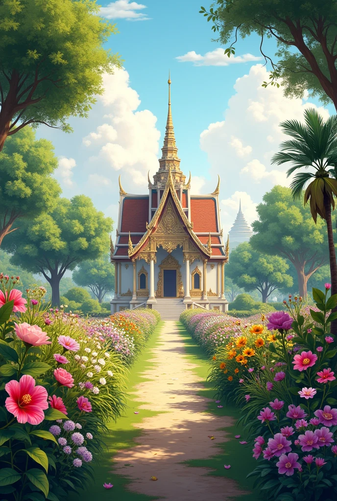 The long view is a flower garden and the back is an Ayutthaya palace.