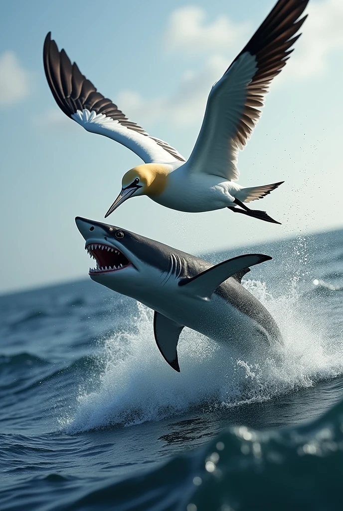 1 adult gannet flying and a shark jumping out of the sea almost biting it