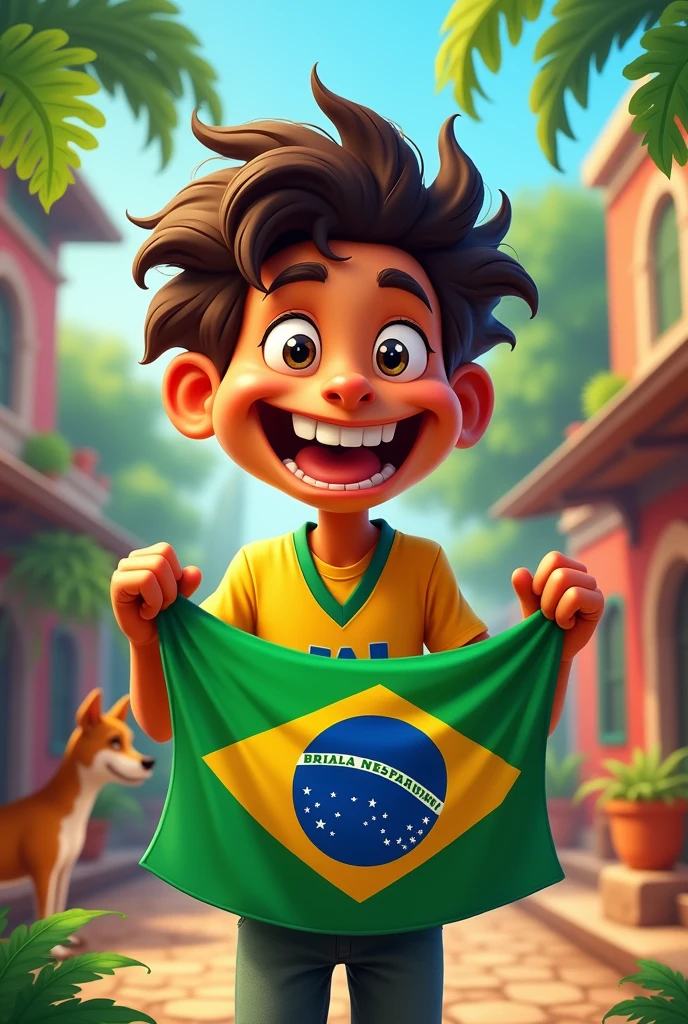 I want an image of a Brazilian character holding the Brazilian flag , in the form of a brand logo , and the character is a funny person and put a Brazilian scenario in the background with the caramel dog from Brazil and improvise the rest