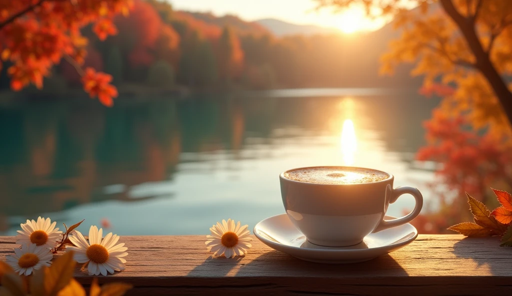 coffee latte on table,bench,sunset,daisies, autumn,  background of a beautiful serene lake, sunlight sparkling on the water, red and yellow autumn trees reflecting in the calm blue water, (best quality,4k,8k,highres,masterpiece:1.2),ultra-detailed,(realistic,photorealistic,photo-realistic:1.37),landscape,vibrant colors,dramatic lighting,warm tones,golden hour,tranquil,peaceful, close-up