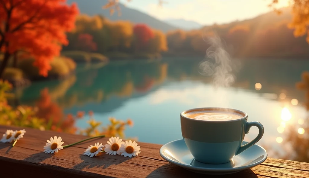 coffee latte on table,bench,sunset,daisies, autumn, background of a beautiful serene lake, sunlight sparkling on the water, red and yellow autumn trees reflecting in the calm blue water, (best quality,4k,8k,highres,masterpiece:1.2),ultra-detailed,(realistic,photorealistic,photo-realistic:1.37),landscape,vibrant colors,dramatic lighting,warm tones,golden hour,tranquil,peaceful, close-up