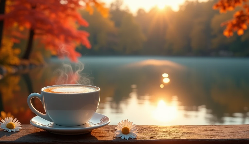 coffee latte on table,bench,sunset,daisies, autumn, background of a beautiful serene lake, sunlight sparkling on the water, red and yellow autumn trees reflecting in the calm blue water, (best quality,4k,8k,highres,masterpiece:1.2),ultra-detailed,(realistic,photorealistic,photo-realistic:1.37),landscape,vibrant colors,dramatic lighting,warm tones,golden hour,tranquil,peaceful, close-up