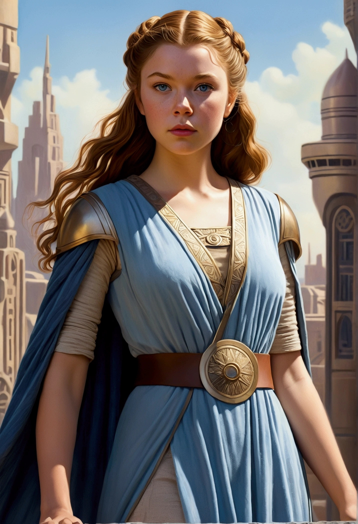 An illustrated movie poster, hand-drawn, full color, a teenage Jedi, 18-years-old, female, wearing a tunic dress, athletic hourglass figure, busty bosoms, full wide hips, massive round butt, long shapely legs, ridiculously thick powerful thighs, pale blue eyes, mousy brown hair, thick shaggy bangs, rosy sun-kissed complexion, freckles, resembles Margaery Tyrell, standing above Coruscant, graphite shading, stencil marks, airbrushed acrylic paint, masterpiece, in the style of Drew Struzan 