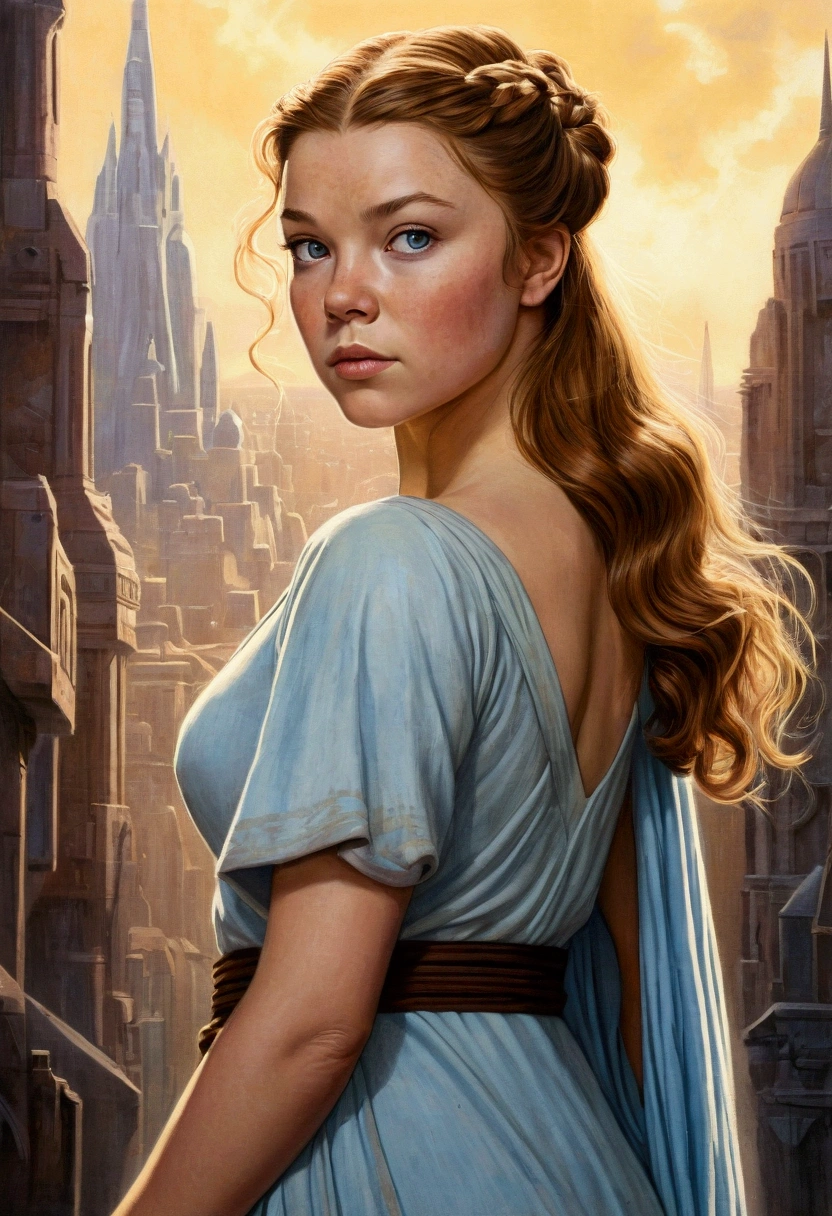 An illustrated movie poster, hand-drawn, full color, a age Jedi, 18-years-old, female, wearing a tunic dress, athletic hourglass figure, bustoms, fide hips, massive round butt, long sha legs, ridiculously thick powerful thighs, pale blue eyes, mousy brown hair, thick shaggy bangs, rosy sun-kissed complexion, freckles, resembles Margaery Tyrell, standing above Coruscant, graphite shading, stencil marks, airbrushed acrylic paint, masterpiece, in the style of Drew Struzan