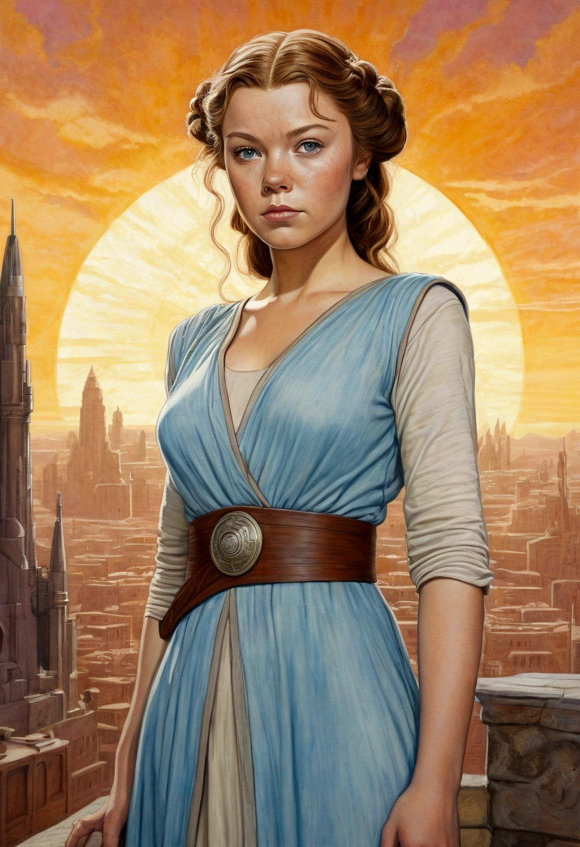 An illustrated movie poster, hand-drawn, full color, a teenage Jedi, 18-years-old, female, wearing a tunic dress, athletic hourglass figure, busty bosoms, full wide hips, massive round butt, long shapely legs, ridiculously thick powerful thighs, pale blue eyes, mousy brown hair, thick shaggy bangs, rosy sun-kissed complexion, freckles, resembles Margaery Tyrell, standing above Coruscant, graphite shading, stencil marks, airbrushed acrylic paint, masterpiece, in the style of Drew Struzan