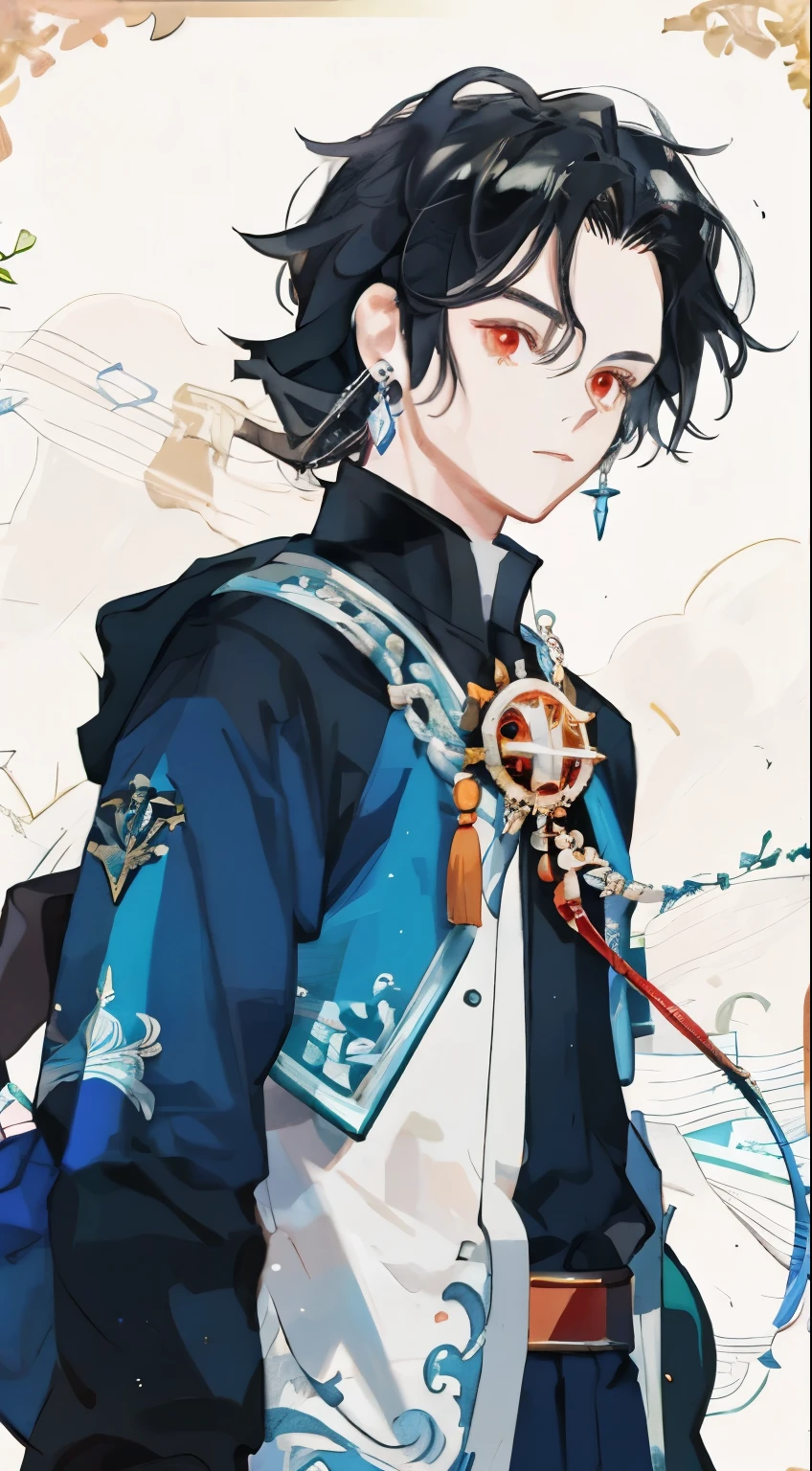 male anime character, Red Eyes, Black Hair, long blue hourglass tip earrings, blue, Red and black clothes, male
