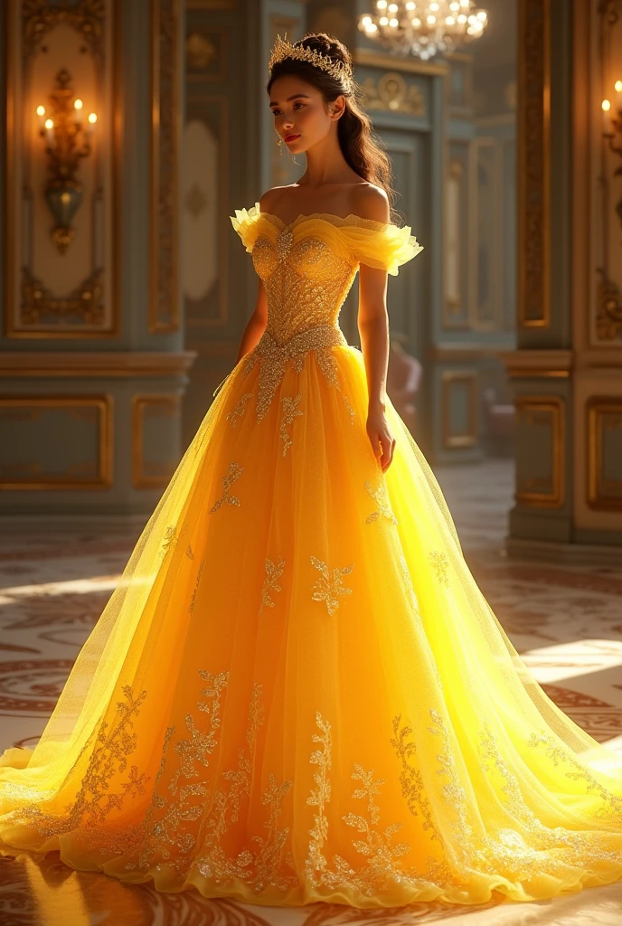 Make a long yellow princess-style dress with lots of sparkle.