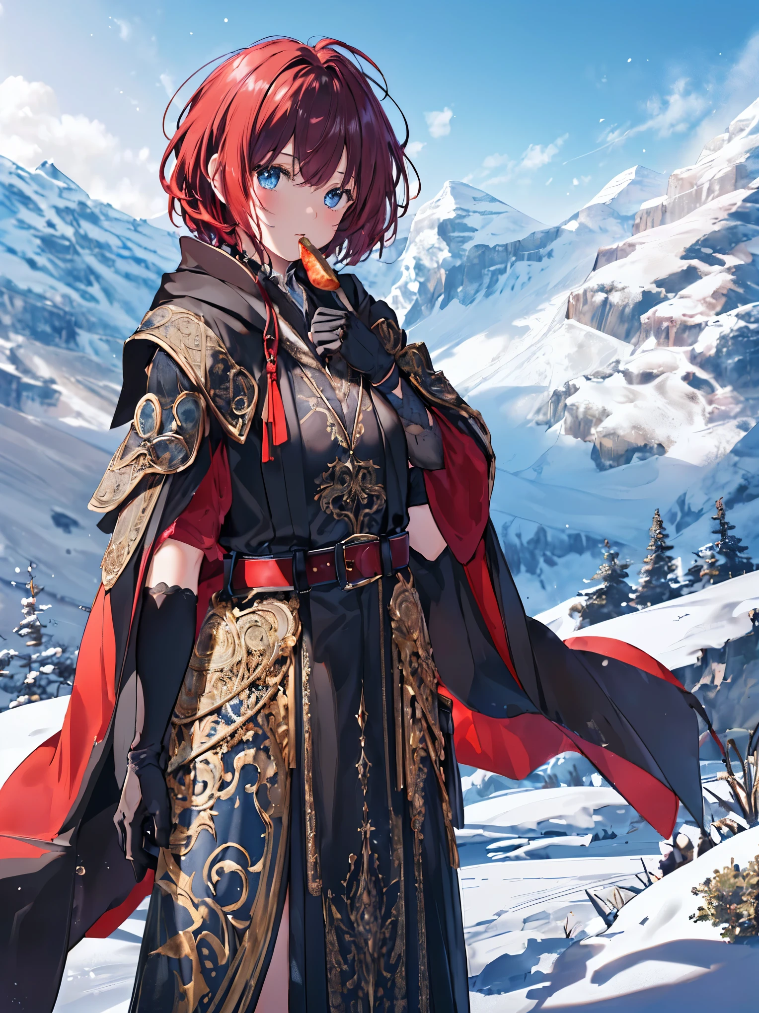 RAW Photos,8k hdr,masterpiece,最high quality,Realistic,High resolution,high quality,High resolution,Very detailed,Morning glow,One Girl (ロンGloves,Intricate black wizard robes:1.5),(Short Red Hair:1.3),Lucent Blue Eyes,(belt, Gloves,Handguard,Food:1.5),Pattern on purple clothes,chest,Shoulder Armor,Thighs,boots, (Mountain landscape in the background:1.5),