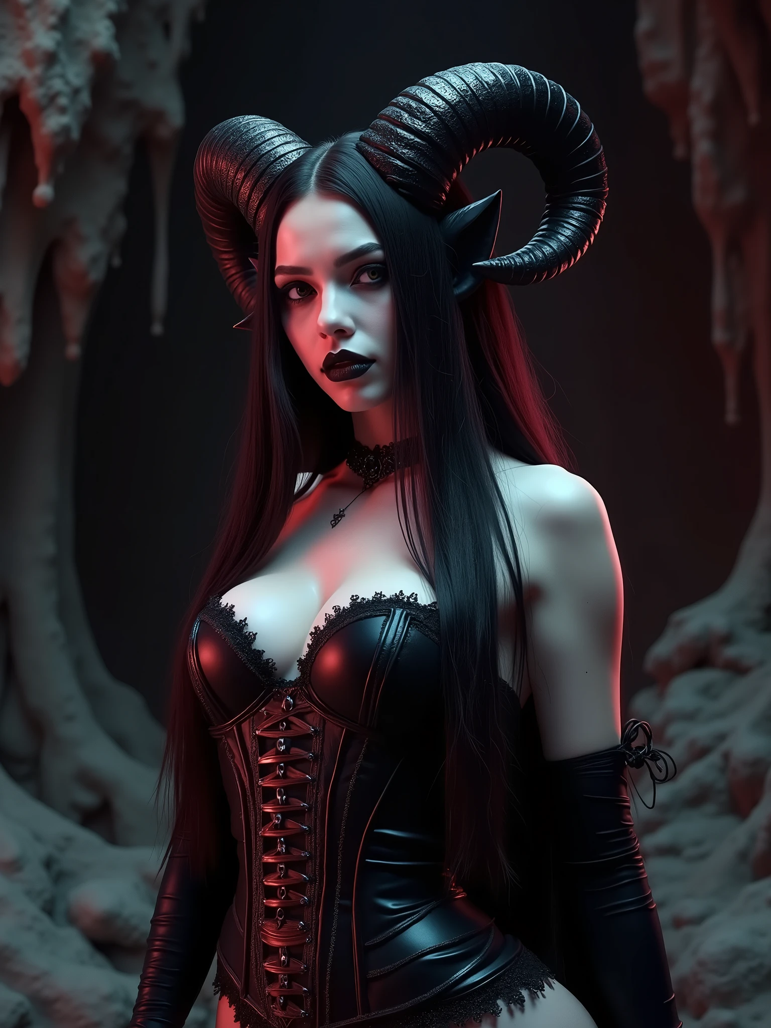A gothic fantasy photo of a sensual, dark goddess with a black corset and horns on her head. She has extremely long, ultra-realistic hair. Black Goth makeup. The background is a dark, cave-like setting with stalactites and stalagmites. The overall image has a dark,
