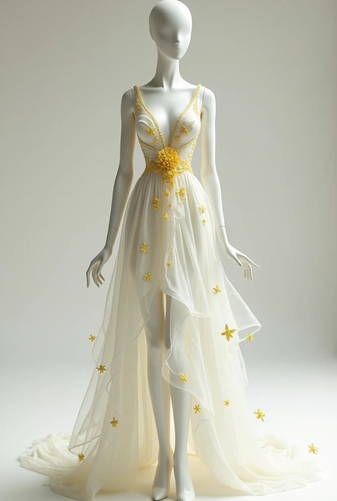 Make a mannequin with a white dress with delicate yellow details